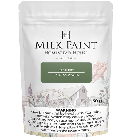 50g Bayberry Milk Paint by Homestead House, front shows warning label and floral wagon artwork.