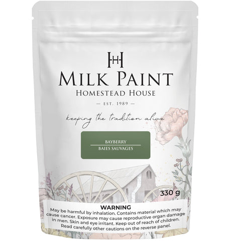 330g Bayberry Milk Paint bag by Homestead House featuring rustic wagon and floral design on packaging.