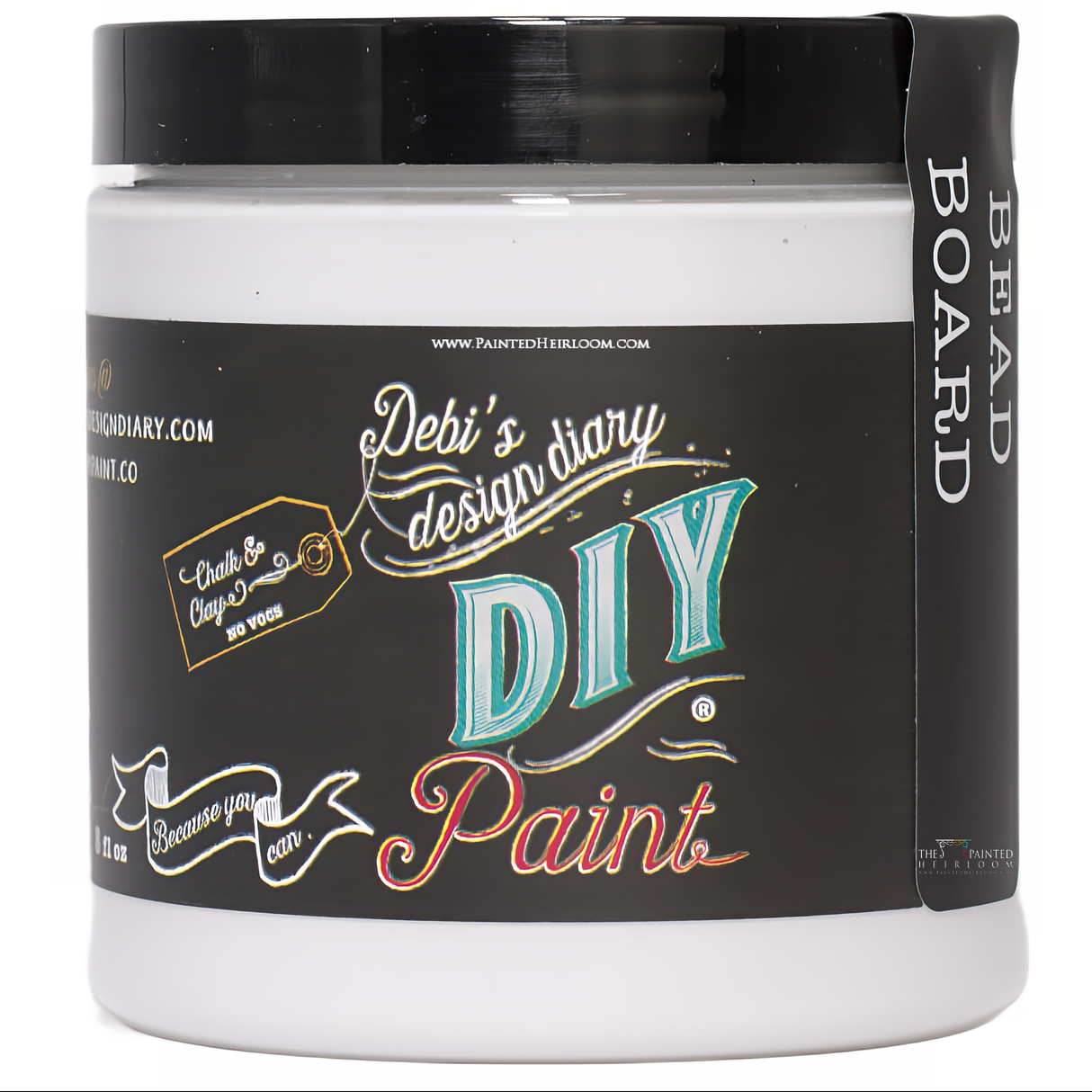 DIY Paint Co. Bead Board DIY Paint, white jar with black lid; eco-friendly clay and chalk formula.