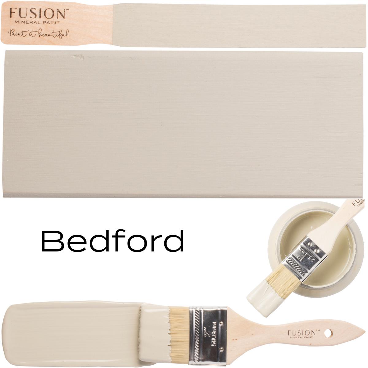 Fusion Mineral Paint Bedford sample shades and brush, featuring the neutral grey paint color.
