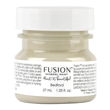 37 mL jar of Fusion Mineral Paint Bedford, neutral grey, matte finish, with a white screw-on lid.