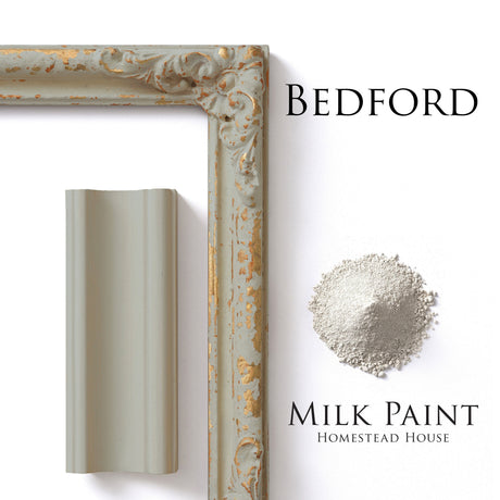 Frame, paint sample, and Bedford Milk Paint by Homestead House shown together.