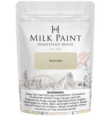 Homestead House Bedford Milk Paint 50g pouch with warning label and floral illustration on packaging.