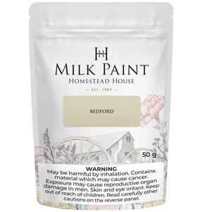 Homestead House Bedford Milk Paint 50g pouch with warning label and floral illustration on packaging.