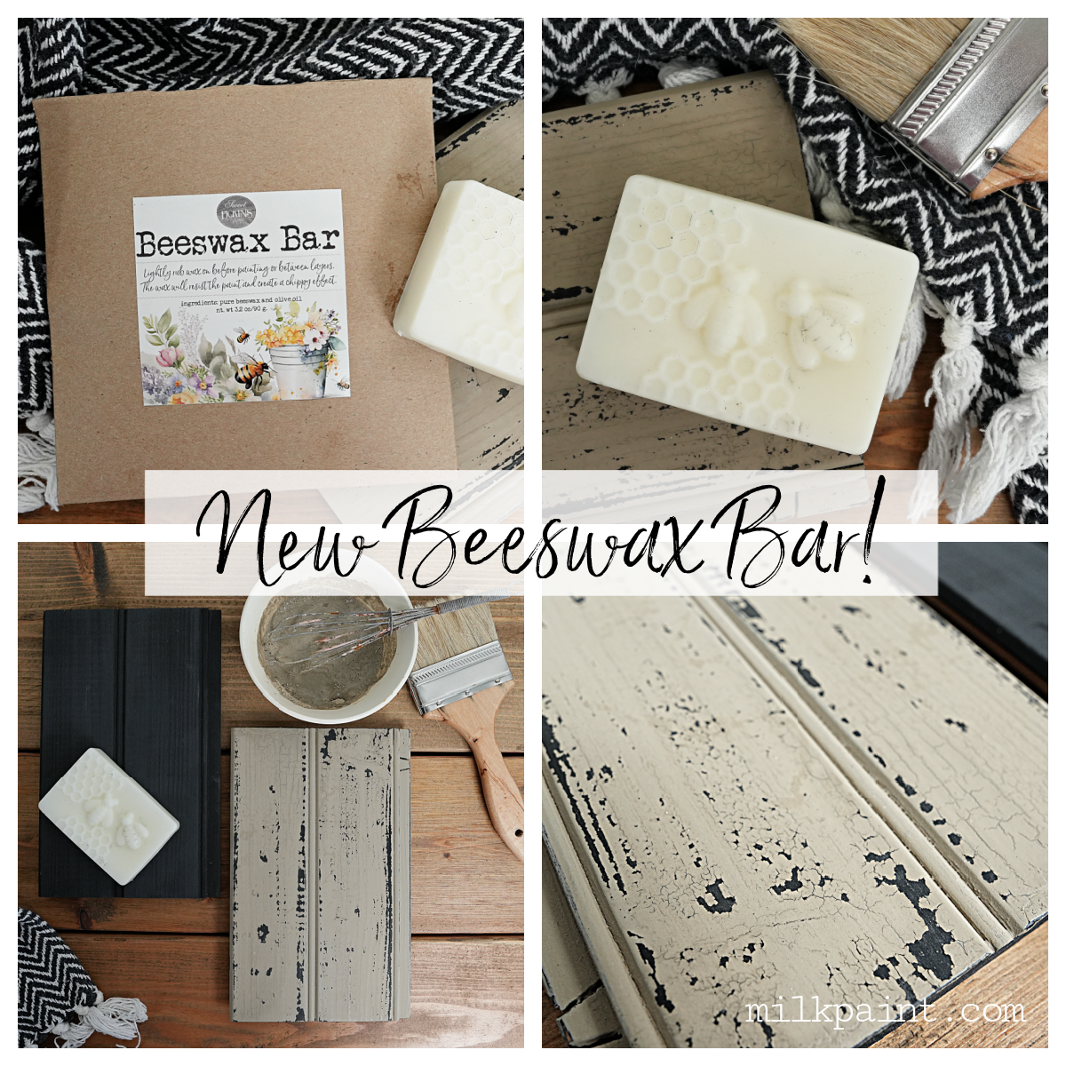 Old Fashioned Milk Paint Beeswax Bar with painting tools, wood panels, and a “New!” sign on a table.