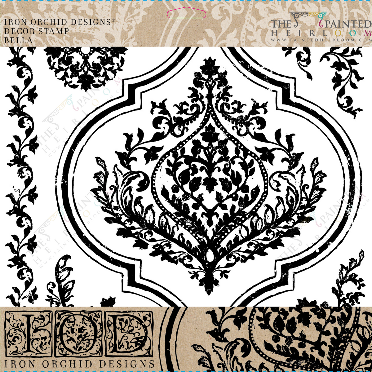 Bella Stamp (Retired) by IOD—black ornate damask pattern on white background, Iron Orchid Designs.