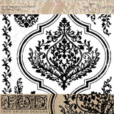 Bella Stamp (Retired) by IOD—black ornate damask pattern on white background, Iron Orchid Designs.