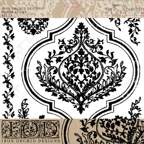 Bella Stamp (Retired) by IOD—black ornate damask pattern on white background, Iron Orchid Designs.