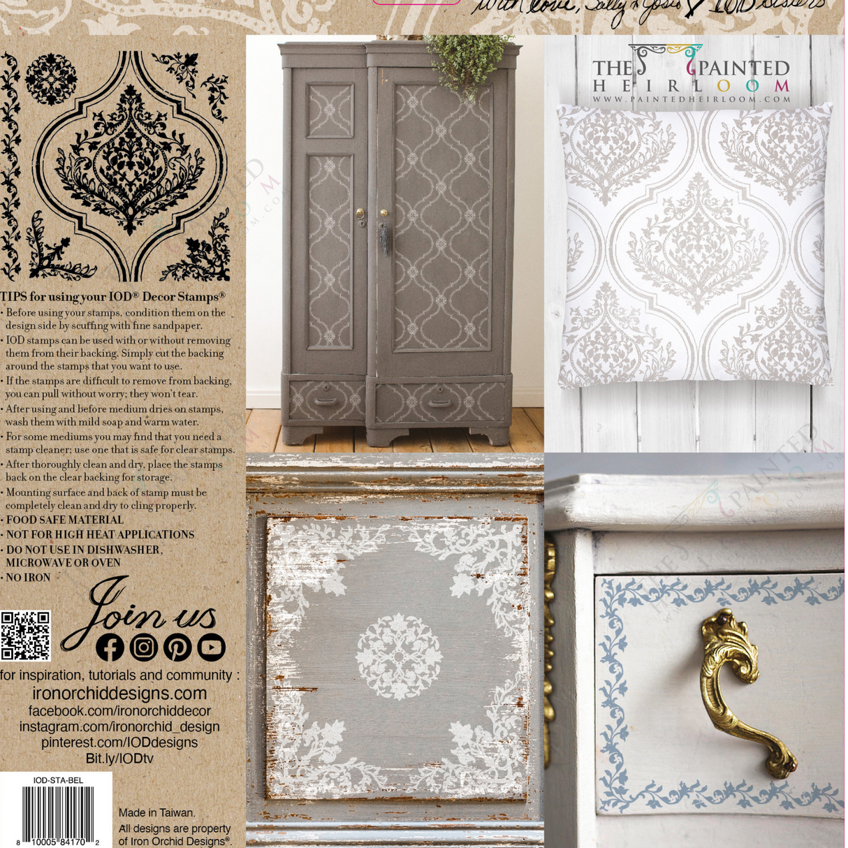 Collage showing furniture decorated with ornate white patterns using the retired Bella Stamp by I.O.D.