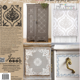 Collage showing furniture decorated with ornate white patterns using the retired Bella Stamp by I.O.D.