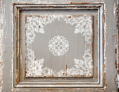 Distressed wood featuring faded white florals created with I.O.D. Bella Stamp (Retired) by Iron Orchid Designs.