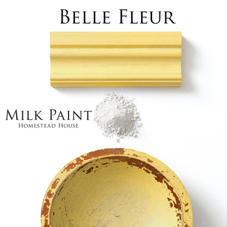 Belle Fleur Milk Paint by Homestead House: yellow wood trim, white powder pile, distressed yellow bowl with label.