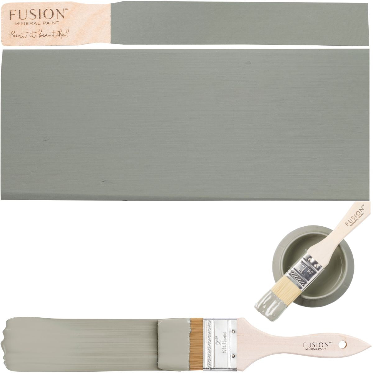 Bellwood Fusion Mineral Paint in sage green on wood, with can, brush, and painted paintbrush nearby.