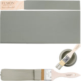 Bellwood Fusion Mineral Paint in sage green on wood, with can, brush, and painted paintbrush nearby.