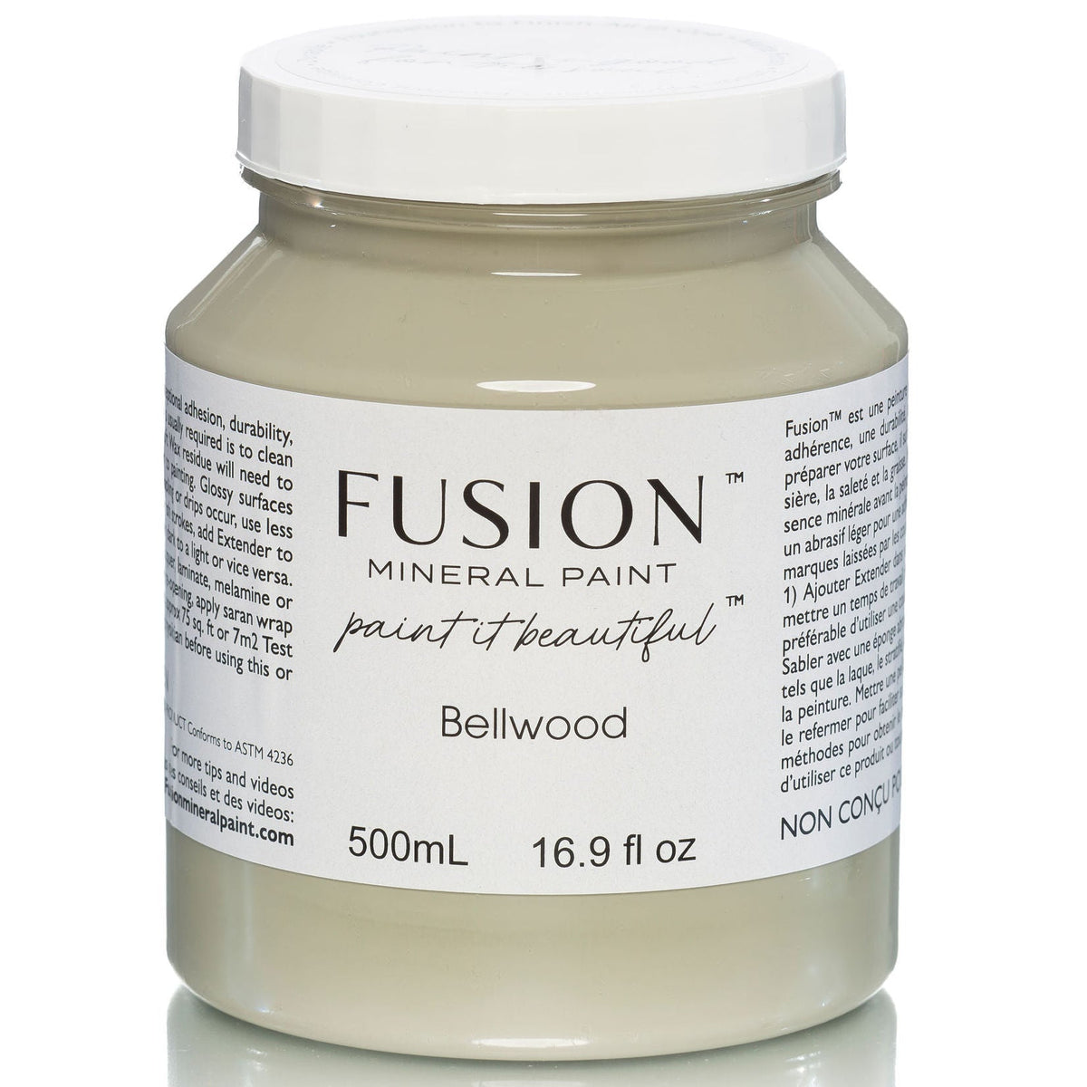 Fusion Mineral Paint 500ml jar, Bellwood (soft sage green), with silver lid and white label.