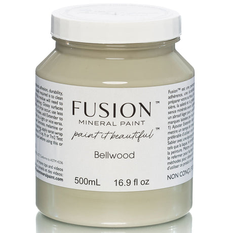 Fusion Mineral Paint 500ml jar, Bellwood (soft sage green), with silver lid and white label.