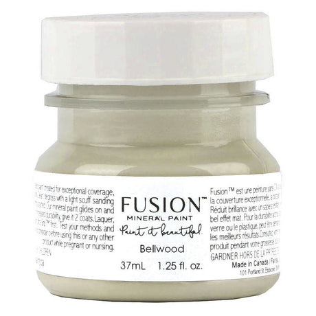 1.25 fl. oz. Bellwood Fusion Mineral Paint jar, soft sage green, with white label and gray-green paint inside.