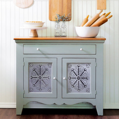 Bellwood Fusion Mineral Paint cabinet with wood top, pie on a stand, and bowl with rolling pins on countertop.