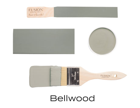 Bellwood Fusion Mineral Paint by Fusion shown in four views with swatches, tin, and brushes.