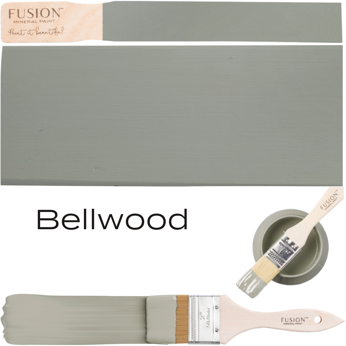 Bellwood by Fusion Mineral Paint sage green sample, small paint container, and brushes displayed together.