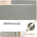 Bellwood by Fusion Mineral Paint sage green sample, small paint container, and brushes displayed together.