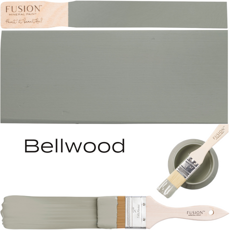 Bellwood by Fusion Mineral Paint sage green sample, small paint container, and brushes displayed together.