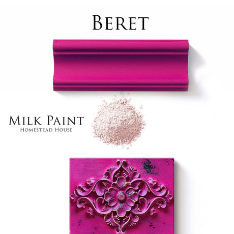 Magenta trim and light pink powder with an ornate square, inspired by Homestead House Beret Milk Paint style.