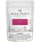 Homestead House Beret Milk Paint 50g pouch with health warnings and a floral cottage design on the label.