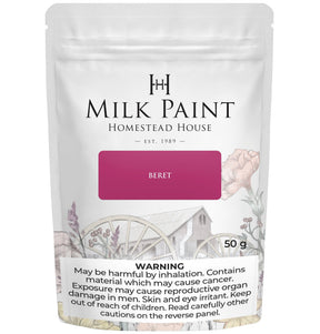 Homestead House Beret Milk Paint 50g pouch with health warnings and a floral cottage design on the label.
