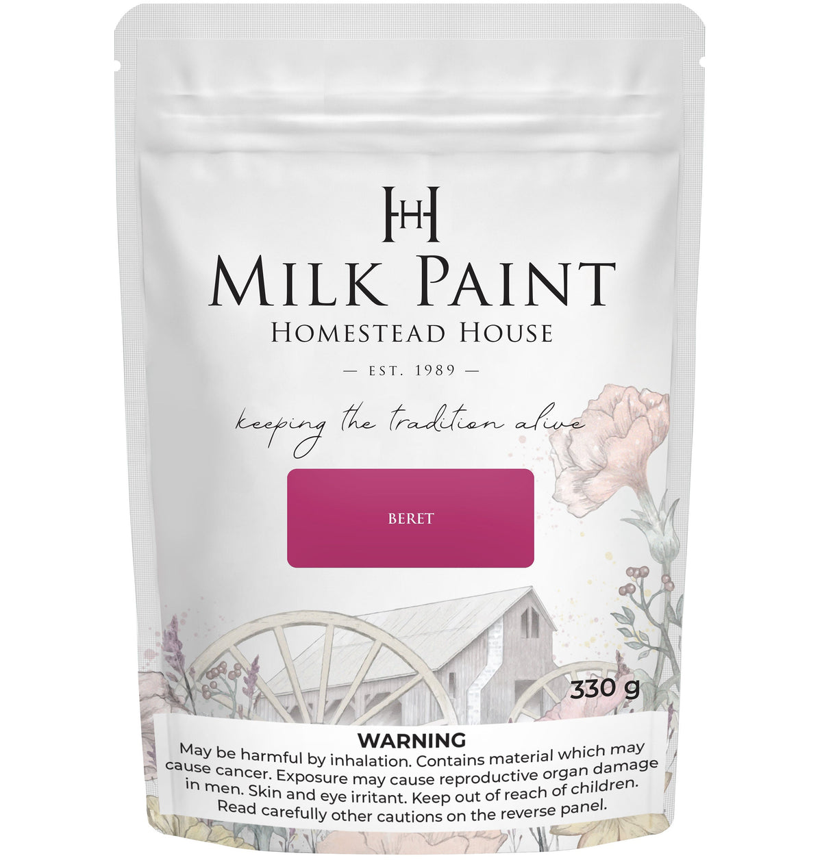 330g Homestead House Milk Paint bag, shade Beret, with warning label at the bottom.