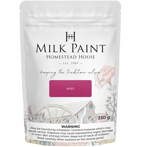 330g Homestead House Milk Paint bag, shade Beret, with warning label at the bottom.