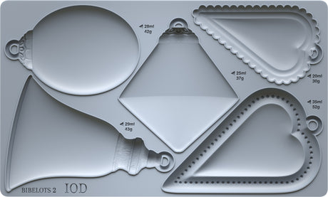 Gray I.O.D. Bibelots 2 Mould tray (2025 limited), five ornate ornaments labeled in ml and grams.