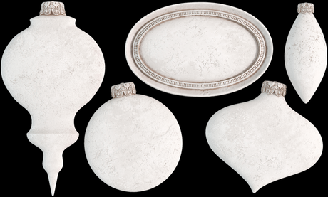 The Bibelots Mould (2024) by I.O.D., white ornaments and tray on black background.