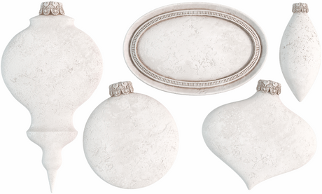 Five white 2024 Limited Release Bibelots Mould ornaments by I.O.D. displayed against a plain background.