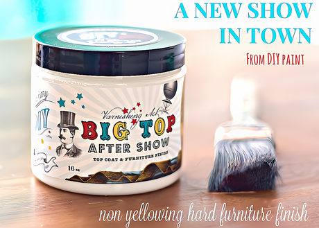 A BIG TOP DIY Top Coat jar by DIY Paint Co. next to a brush, with product text visible on the label.
