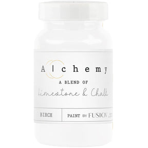 Fusion Mineral Paint Birch Alchemy chalk-style paint in a white plastic jar with label visible.