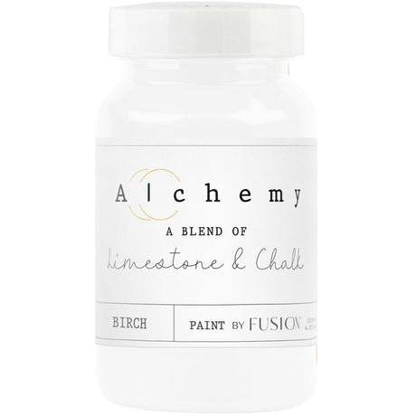 Fusion Mineral Paint Birch Alchemy chalk-style paint in a white plastic jar with label visible.