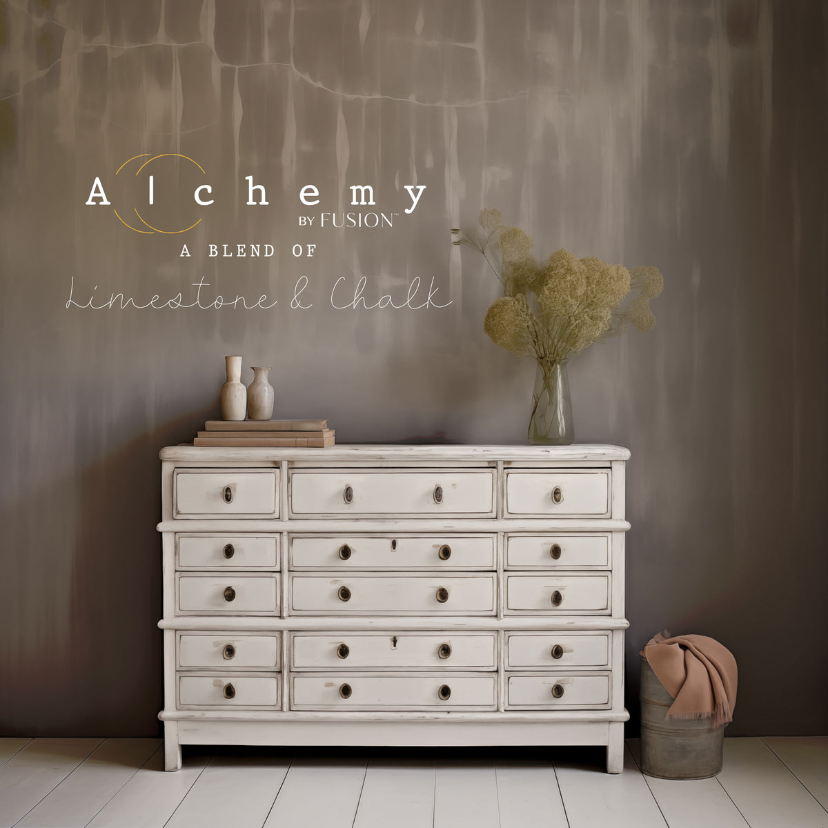 Dresser painted in Fusion Mineral Paint’s Birch Alchemy, topped with vases and dried flowers.