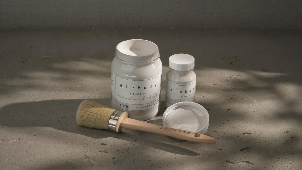 Birch Alchemy Paint by Fusion Mineral Paint, open can with brush resting on the lid.