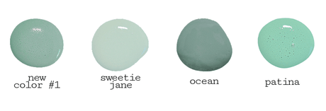 Four Old Fashioned Milk Paint swatches, Birdie to Patina, in non-toxic green shades including Sweetie Jane.