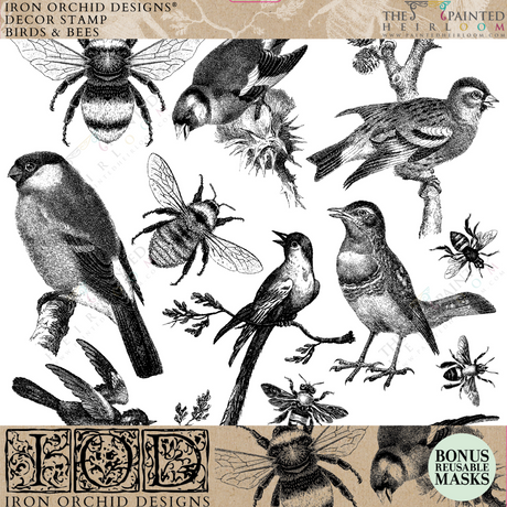 IOD Birds and Bees Stamp featuring black and white bird and bee illustrations for scrapbooking by I.O.D.