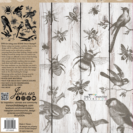 IOD Birds and Bees Stamp featuring bird and bee sketches for decorating wood-textured surfaces.