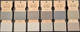 Eight Uptown Castle No-Wax Chock Paint sample cards by Miss Lillian’s Paint in assorted neutral shades.