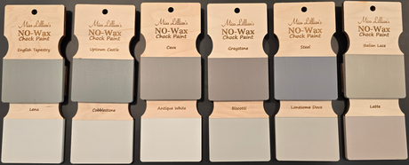 Eight Uptown Castle No-Wax Chock Paint sample cards by Miss Lillian’s Paint in assorted neutral shades.
