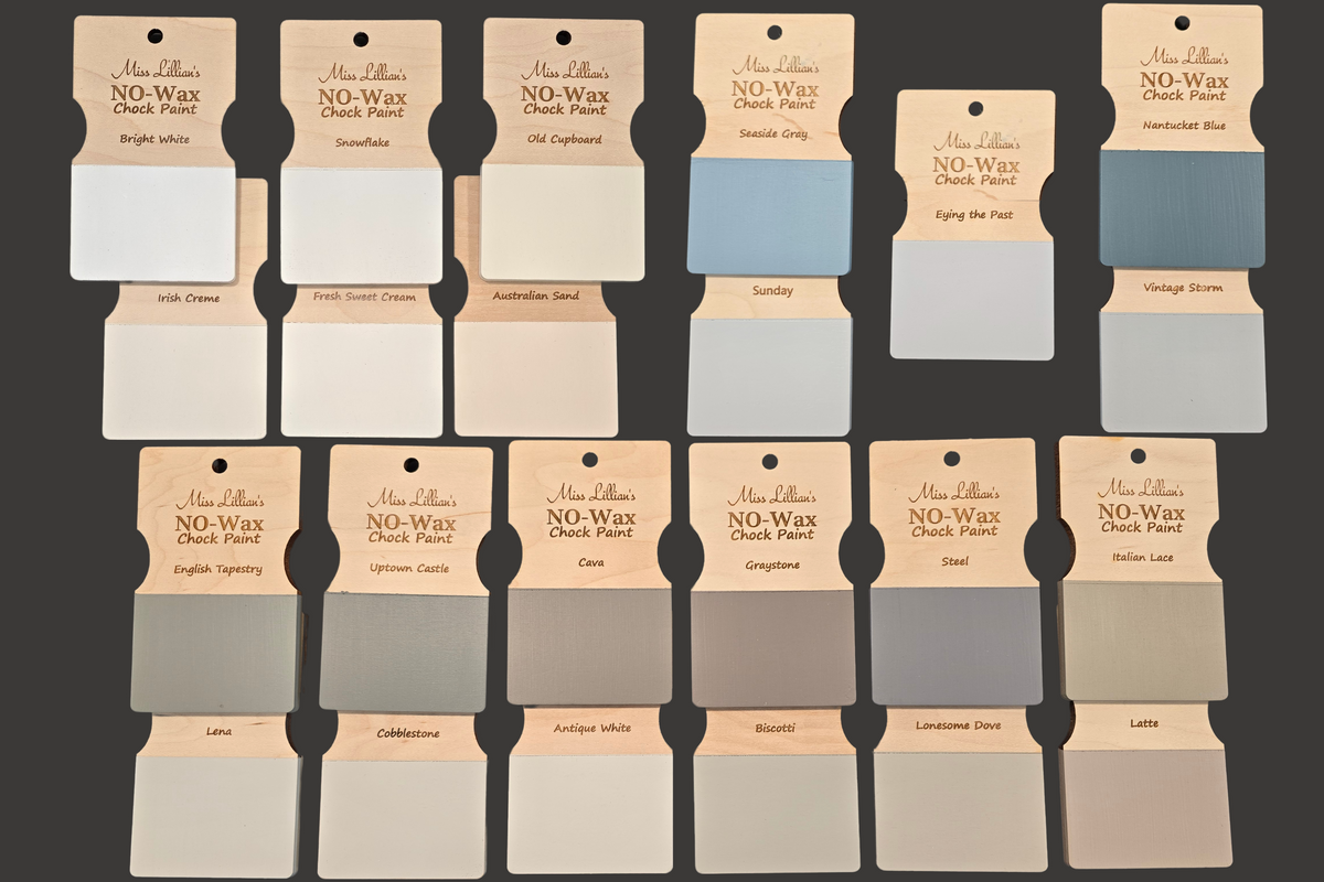 Seventeen Snowflake No-Wax Chock Paint cards with pastel and neutral shades from Miss Lillian’s Paint collection.