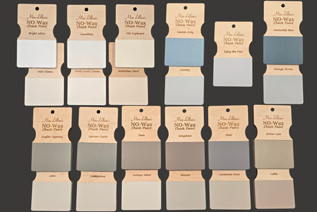 Seventeen Snowflake No-Wax Chock Paint cards with pastel and neutral shades from Miss Lillian’s Paint collection.