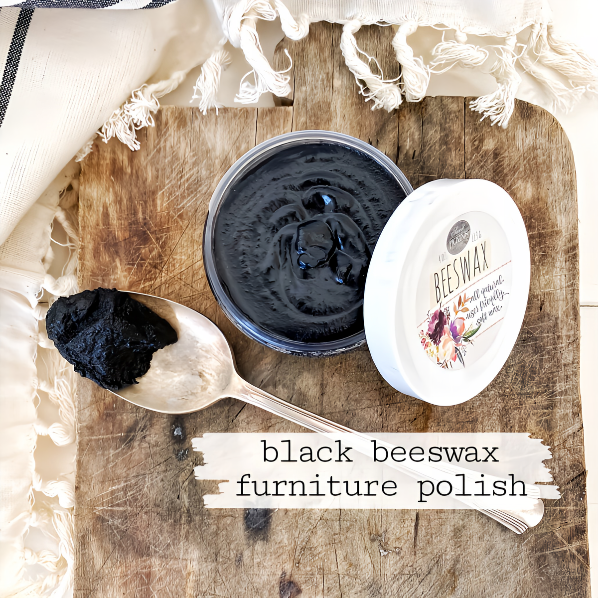 Spoon with Sweet Pickins Black Beeswax Furniture Polish next to open container and Old Fashioned Milk Paint.