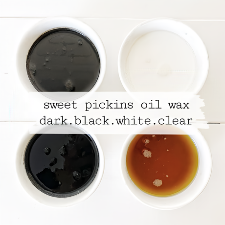 Four bowls of Sweet Pickins Black Oil Wax, Old Fashioned Milk Paint line, for natural wood finish or sealing.