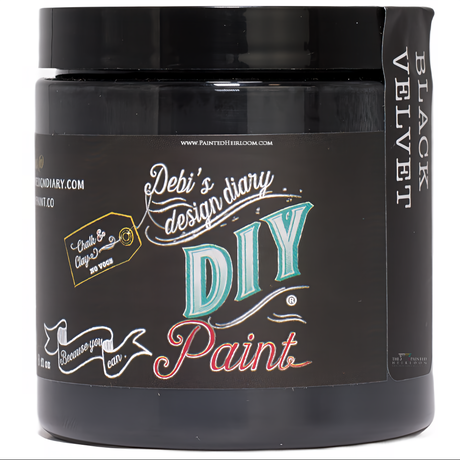 Black Velvet DIY Paint by DIY Paint Co. in a black jar; eco-friendly clay and chalk paint.