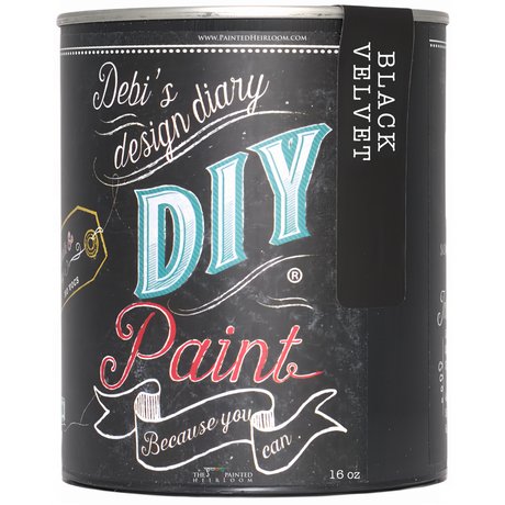 16 oz Black Velvet DIY Paint can by DIY Paint Co.; clay and chalk formula with chalkboard label, for furniture use.